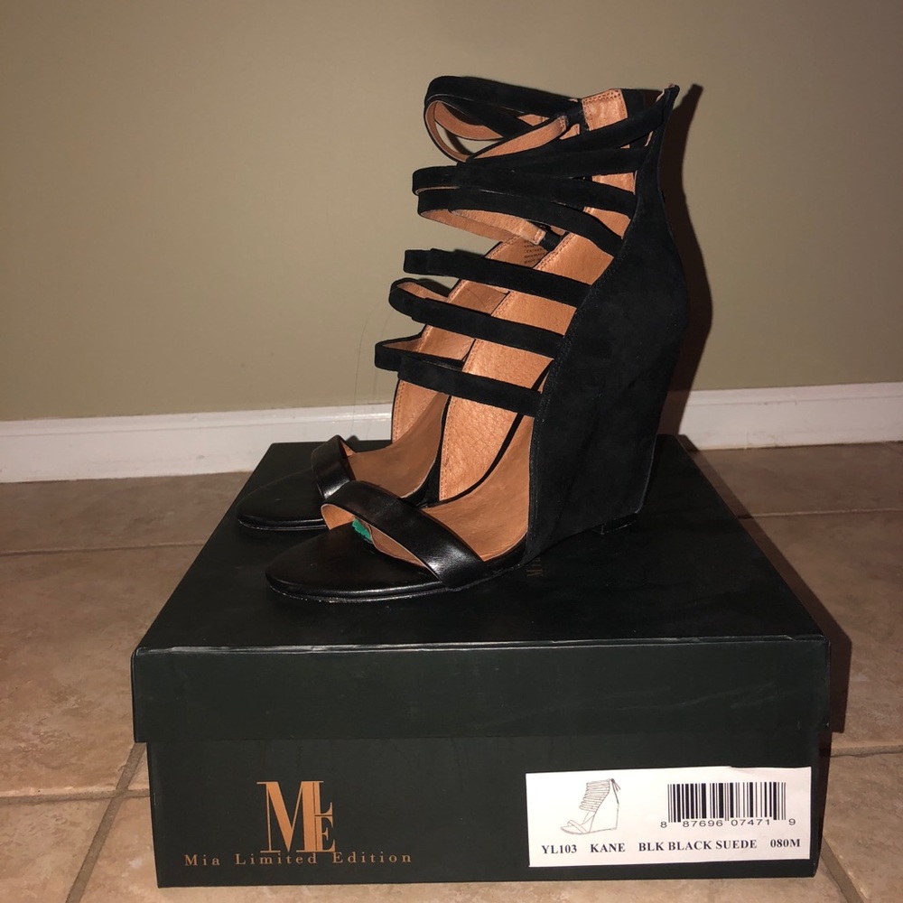 Strappy Black Suede Wedge